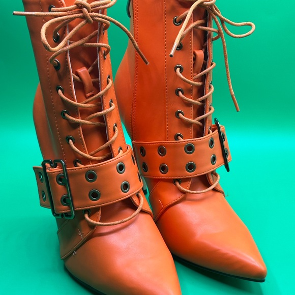 Women’s Orange Tie-up Pointed Toe Heel Booties Size 8 1/2 NWOT - Picture 4 of 12